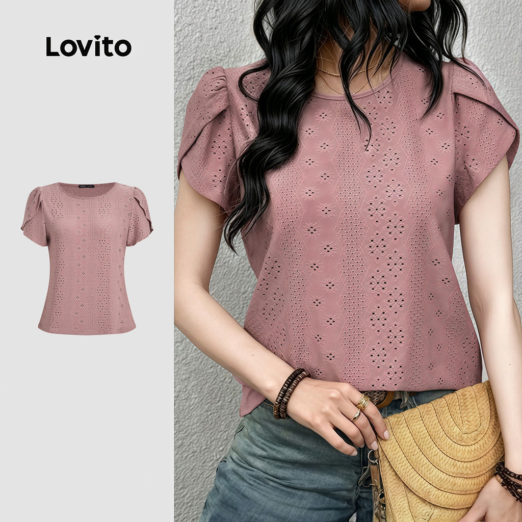 Lovito เสื้อยืดผ้าแจ็คการ์ดสีเทาและชมพูสุดหรูสําหรับฤดูร้อน ใส่สบายและทันสมัยสําหรับผู้หญิง LK5ED1590