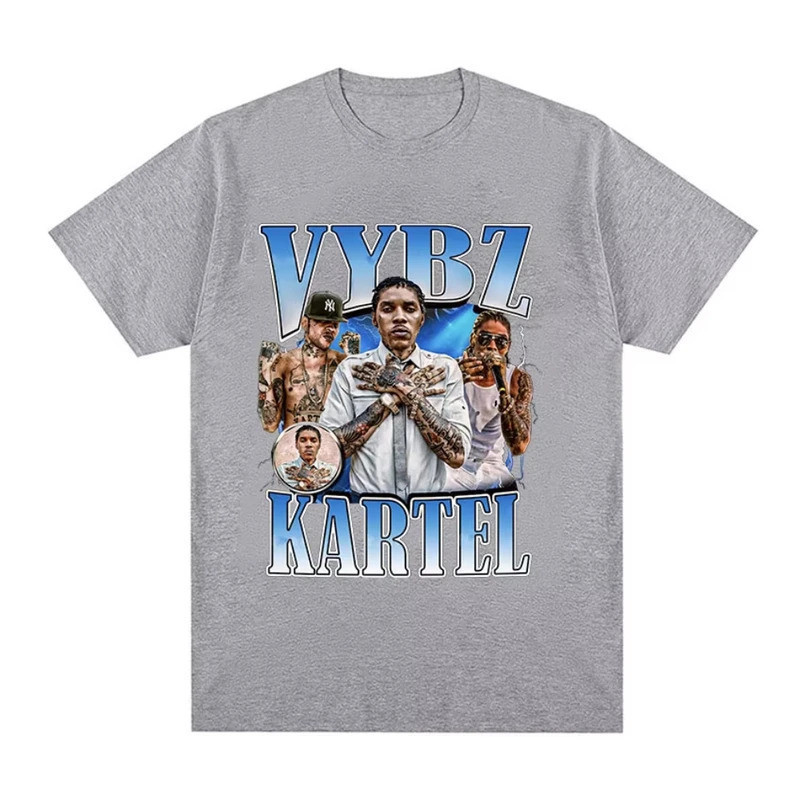เสื้อยืดลายกราฟิกอัลบั้มทัวร์ของแร็ปเปอร์ Vybz Kartel เสื้อผ้าผู้ชาย แฟชั่นเสื้อยืดโอเวอร์ไซส์ คอกลม