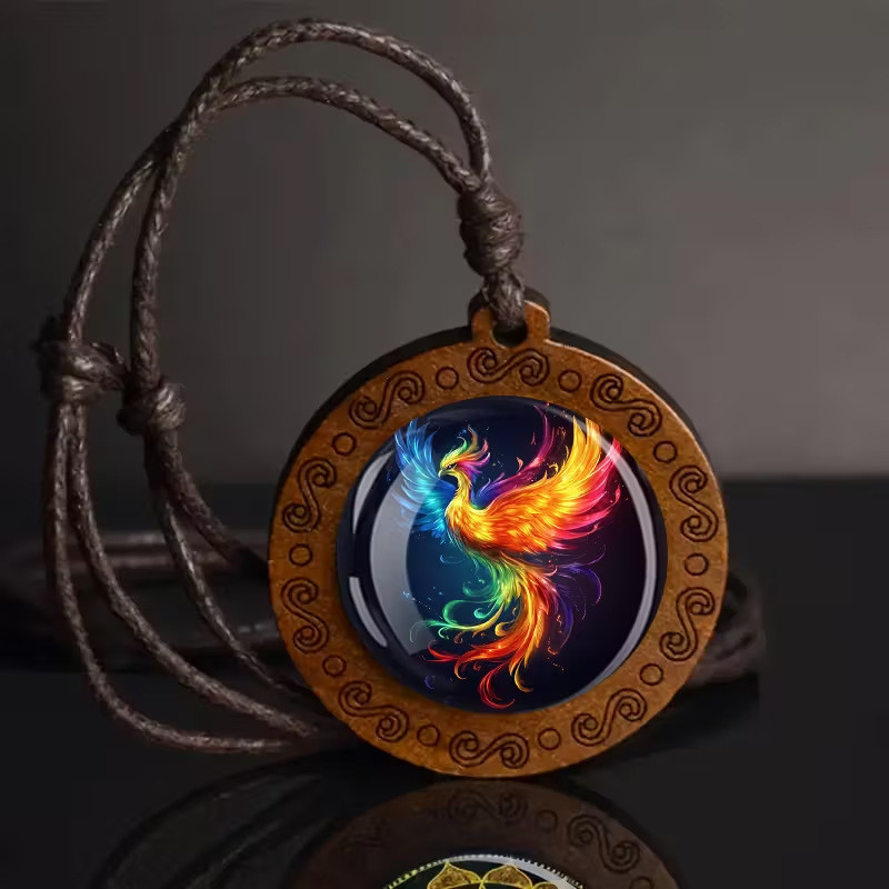 Rainbow Fire Phoenix สร้อยคอจี้ไม้ Unisex เชือกปรับได้ G3IC