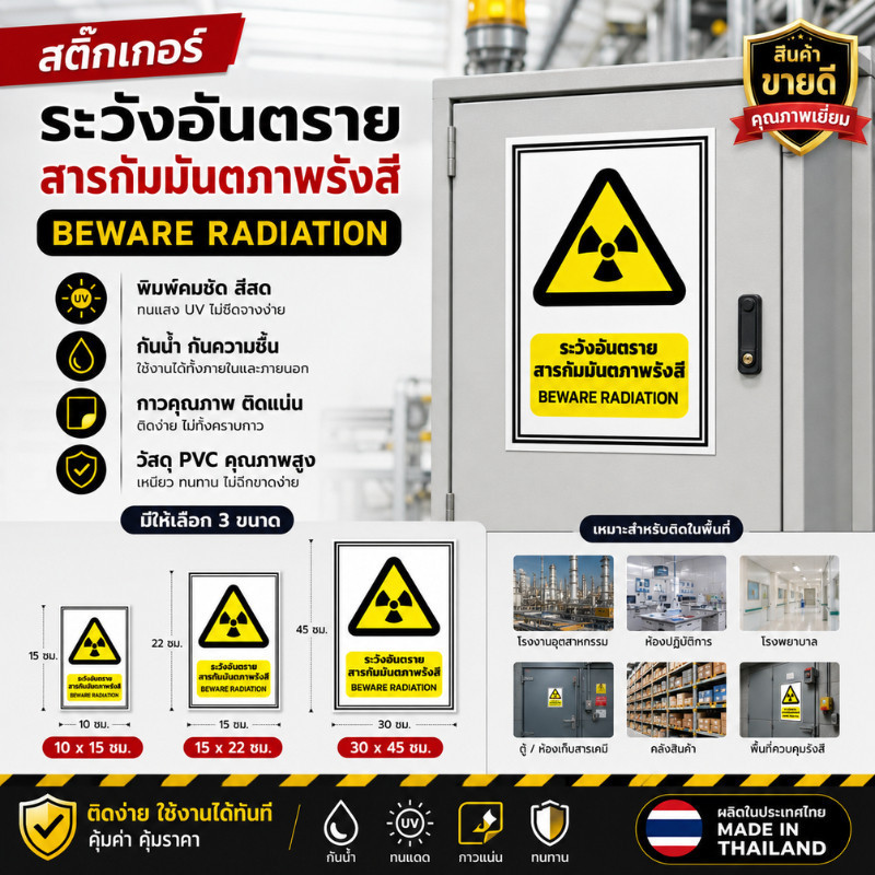 สติกเกอร์ระวังอันตรายสารกัมมันภาพรังสี  สติกเกอร์เตือนสารเคมี ความปลอดภัย กันน้ำ ทนแดด ทนฝน