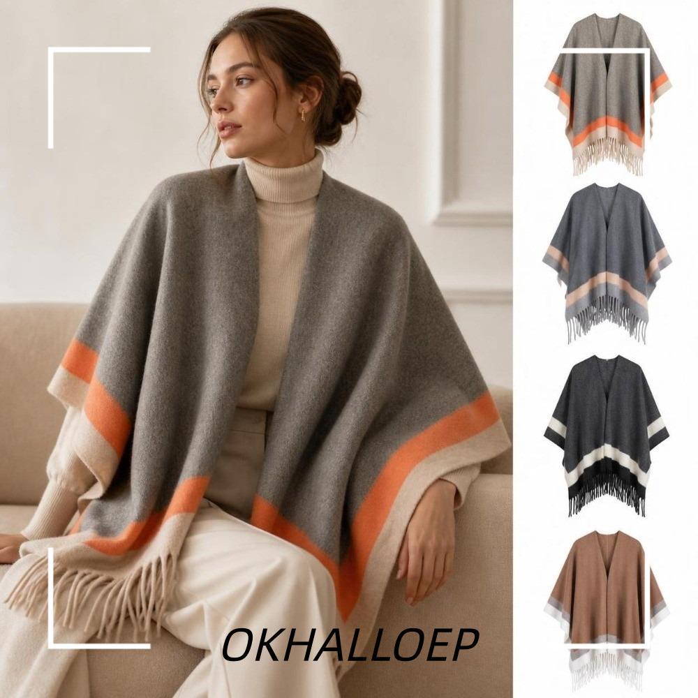 IOKHALLO ลายขอบ Poncho, Soft Warm Open Front Cape Shawl, Elegant สบายขอบขอบขนาดใหญ่พู่ Poncho Wrap ส