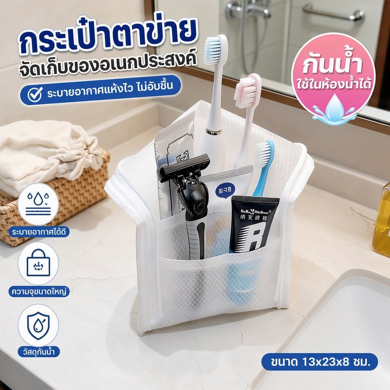 กระเป๋าอาบน้ำ ตาข่าย กันน้ำ แบบแขวน พับแบน ตั้งได้ กระเป๋าเครื่องสำอาง เดินทาง ฟิตเนส
