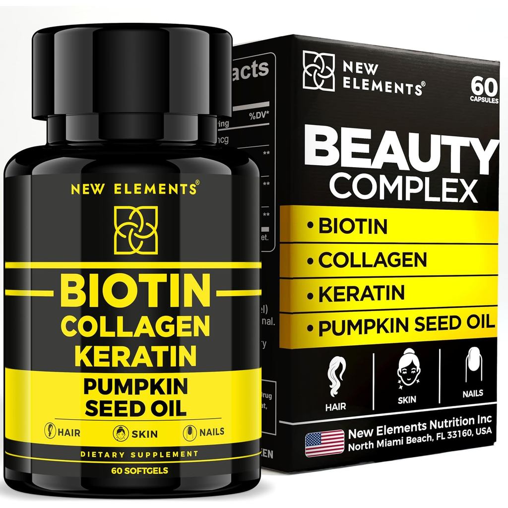 อาหารเสริมไบโอติน 10000mcg พร้อมคอลลาเจนเปปไทด์ น้ํามันเมล็ดเคราตินและฟักทองสําหรับผิวผมและเล็บ | อา