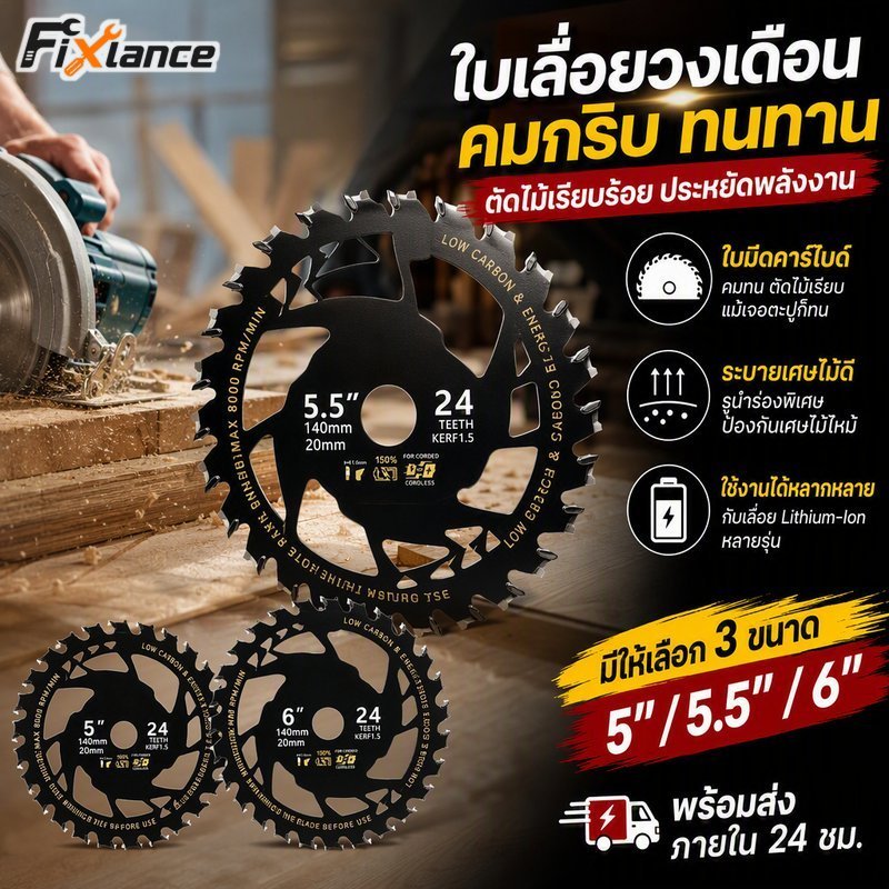ใบเลื่อยวงเดือนคาร์ไบด์ปลายแหลม 24 ฟันบาง Kerf Clean Cut ทนทาน 5 5 6 นิ้ว