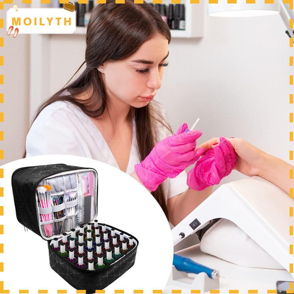 MOILYTH กระเป๋าแต่งเล็บ Double Layer with Handle Nail Organizer, PU Nylon 30 กริดกระเป๋าถือเครื่องสํ