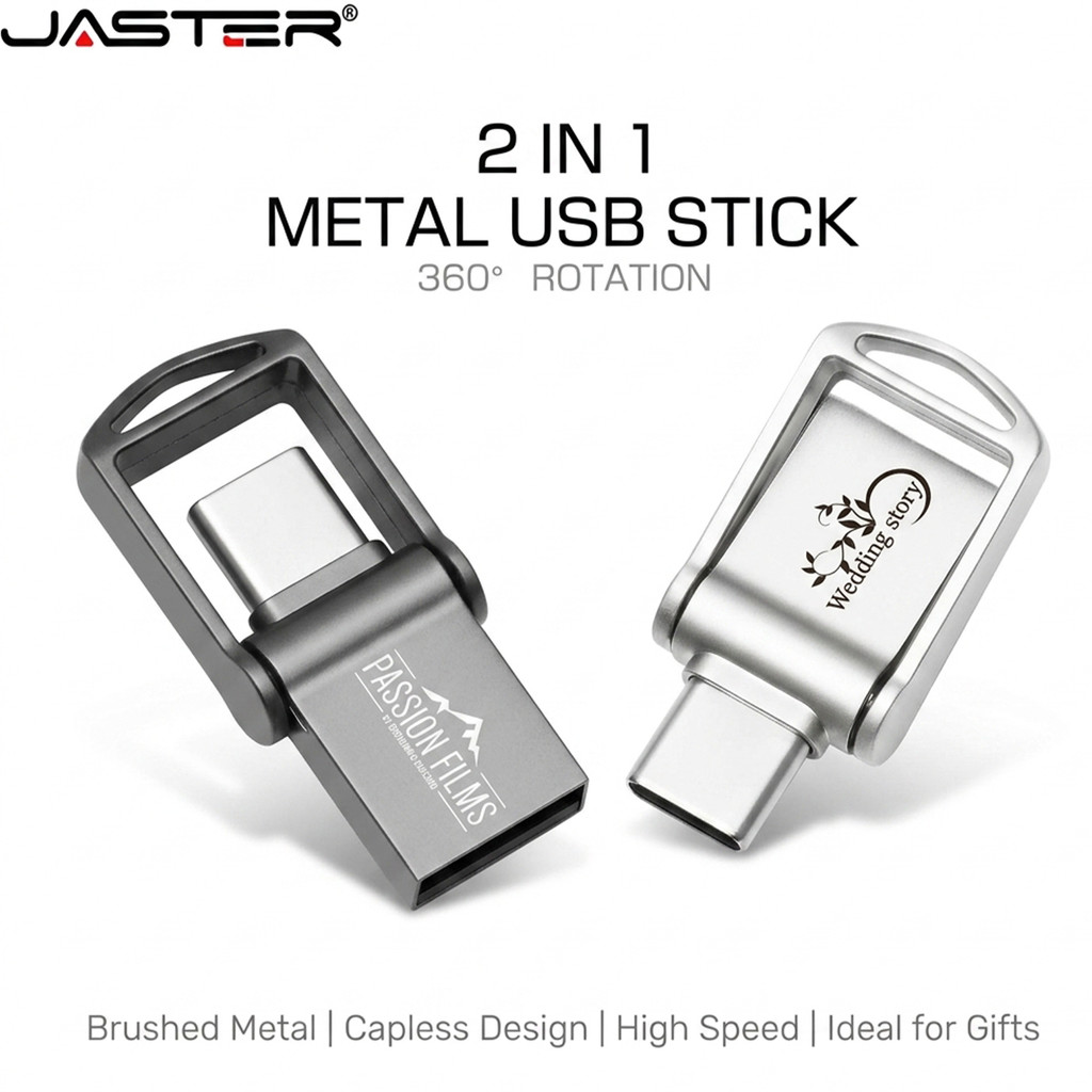 JASTER 2 IN 1 OTG USB‐C แฟลชไดรฟ์ 360 หมุนโลหะ Pendrive ที่กําหนดเองเลเซอร์แกะสลักโลโก้ 4GB 8GB 16GB