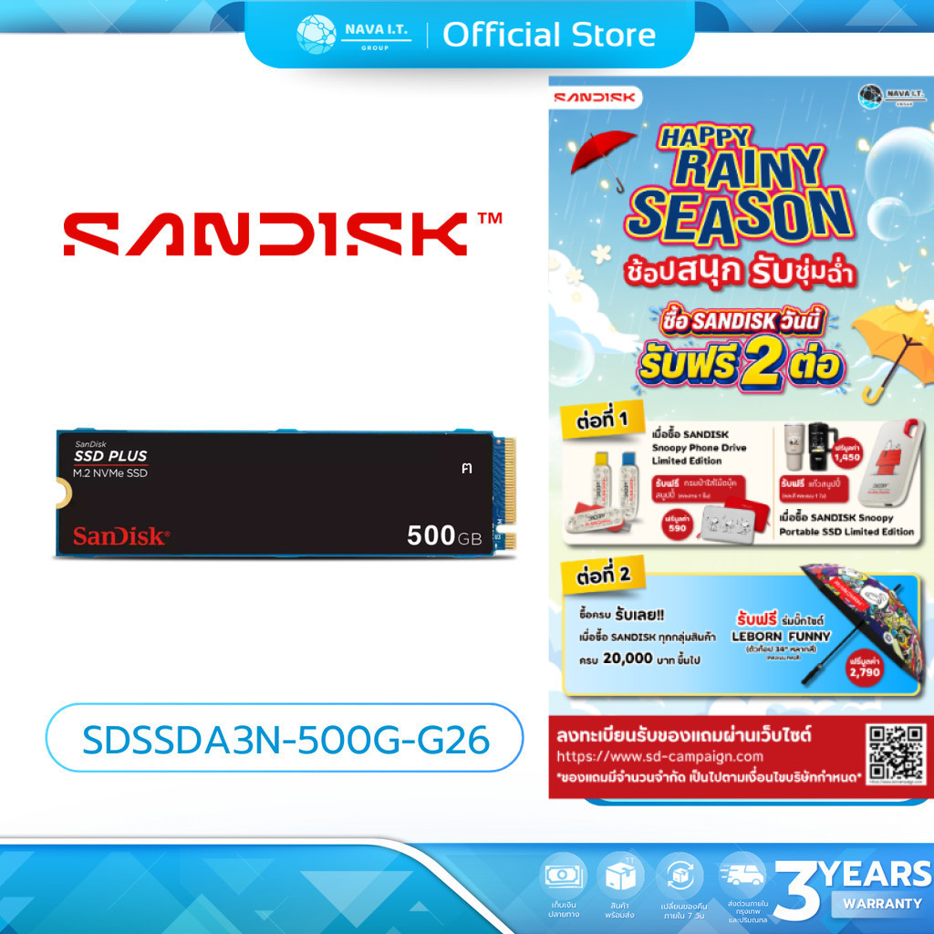 (มีส่งด่วน) SANDISK Plus NVMe SSD, 500GB, PCIe Gen 3.0, M.2 2280-S3-M, S (SDSSDA3N-500G-G26)