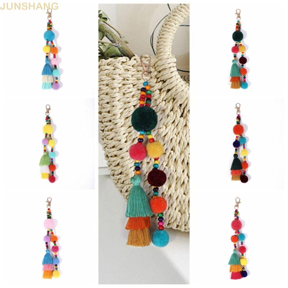 JUNSHANG Boho สไตล์ผม Ball พู่พวงกุญแจ,สีสัน Boho สไตล์ Boho พวงกุญแจ, Boho เครื่องประดับ Handmade P