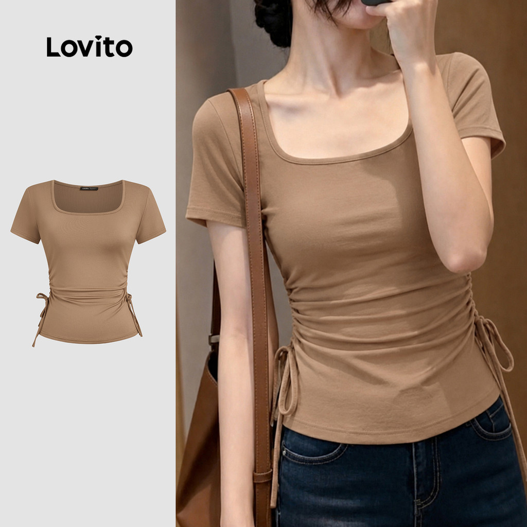 (New Arrival) Lovito เสื้อยืดลําลองผู้หญิง แขนสั้นคอกลม ผ้าบางสําหรับฤดูร้อนและฤดูใบไม้ผลิ สีคากี L198ED069