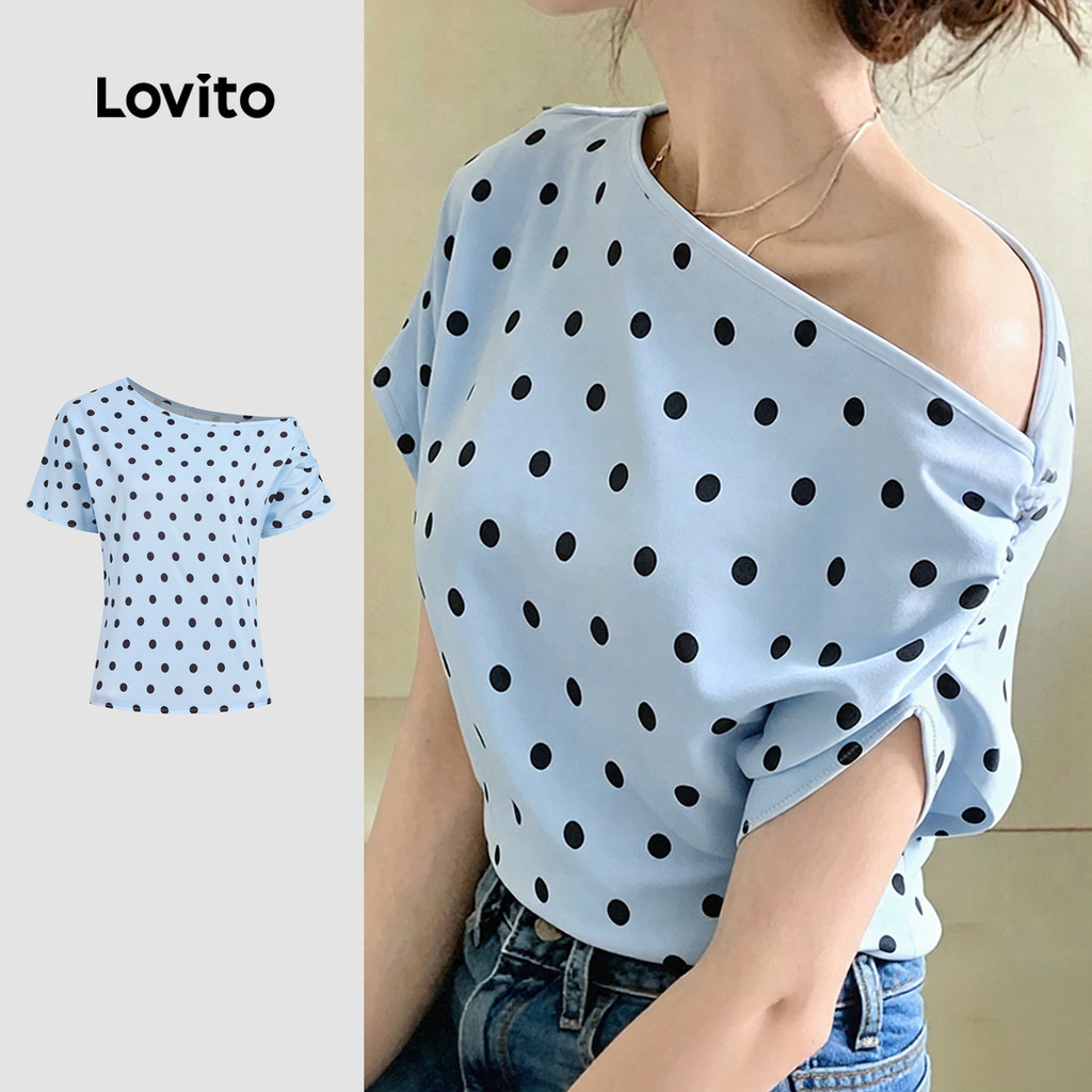 (New Arrival) Lovito เสื้อเบลาส์ผู้หญิง ดีไซน์หรูหรา แบบไม่สมมาตร ดีไซน์ไหล่เปิด เหมาะสําหรับฤดูใบไม้ผลิและฤดูร้อน L199ED401