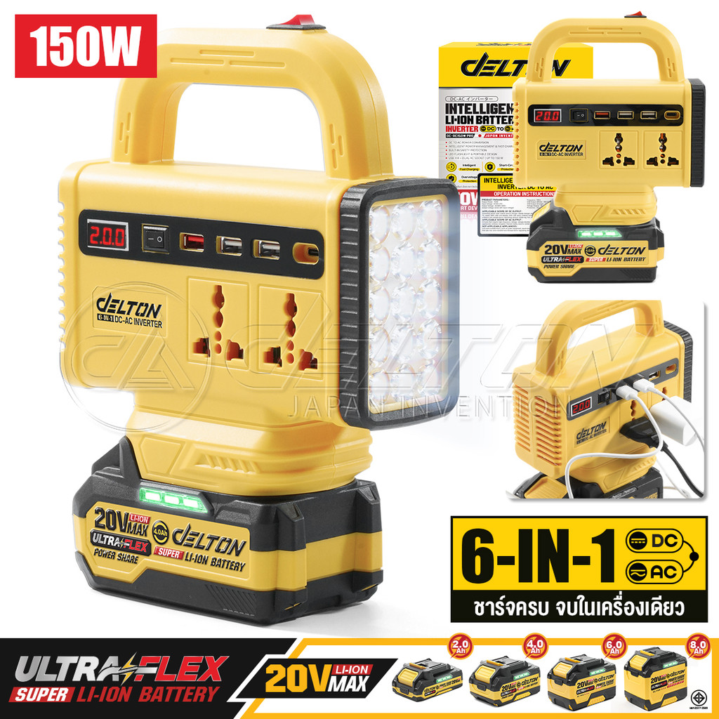 DELTON เครื่องแปลงไฟไร้สาย DC18V ถึง AC220V 150W รุ่น DC-AC150W PRO ใช้งานร่วมกับ แบตเตอรี่ UltraFlex และ TURBO FORCE