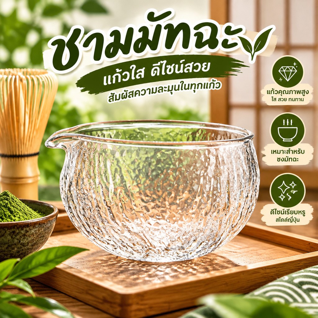 ชามมัทฉะกระจกใส ชามชงมัทฉะ แก้วชามัทฉะ มีปากเทชา ทนอุณหภูมิ สำหรับชงชามัทฉะ ชาเขียว