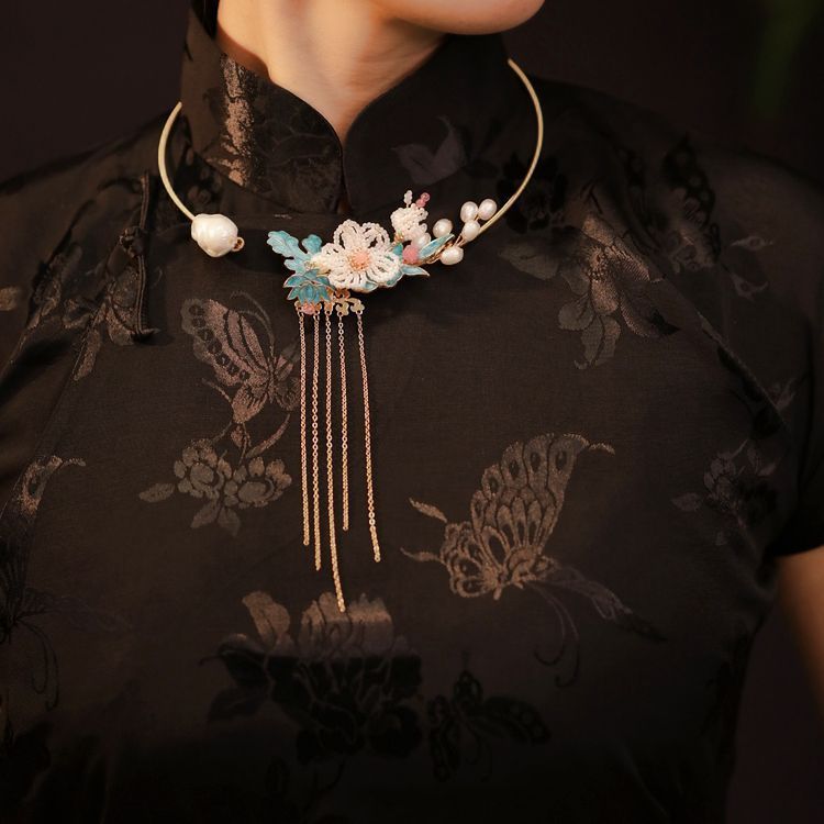 โบราณ Yingluo ปลอกคอ Hanfu อุปกรณ์เสริมสร้อยคอ Classy สุภาพสตรีใหม่สไตล์จีน Collarbone Chain Burnt ด