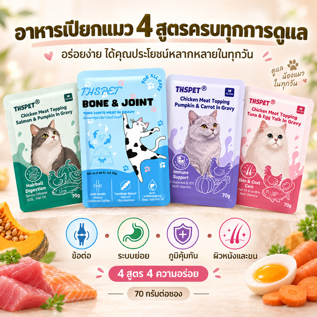THSPET อาหารเปียกแมว น้ำซุปแมว อาหารแมวซุปครบฟังก์ชัน เพิ่มการทานน้ำ แมวสูงวัย แมวเลือกกิน ขนาด 70 ก