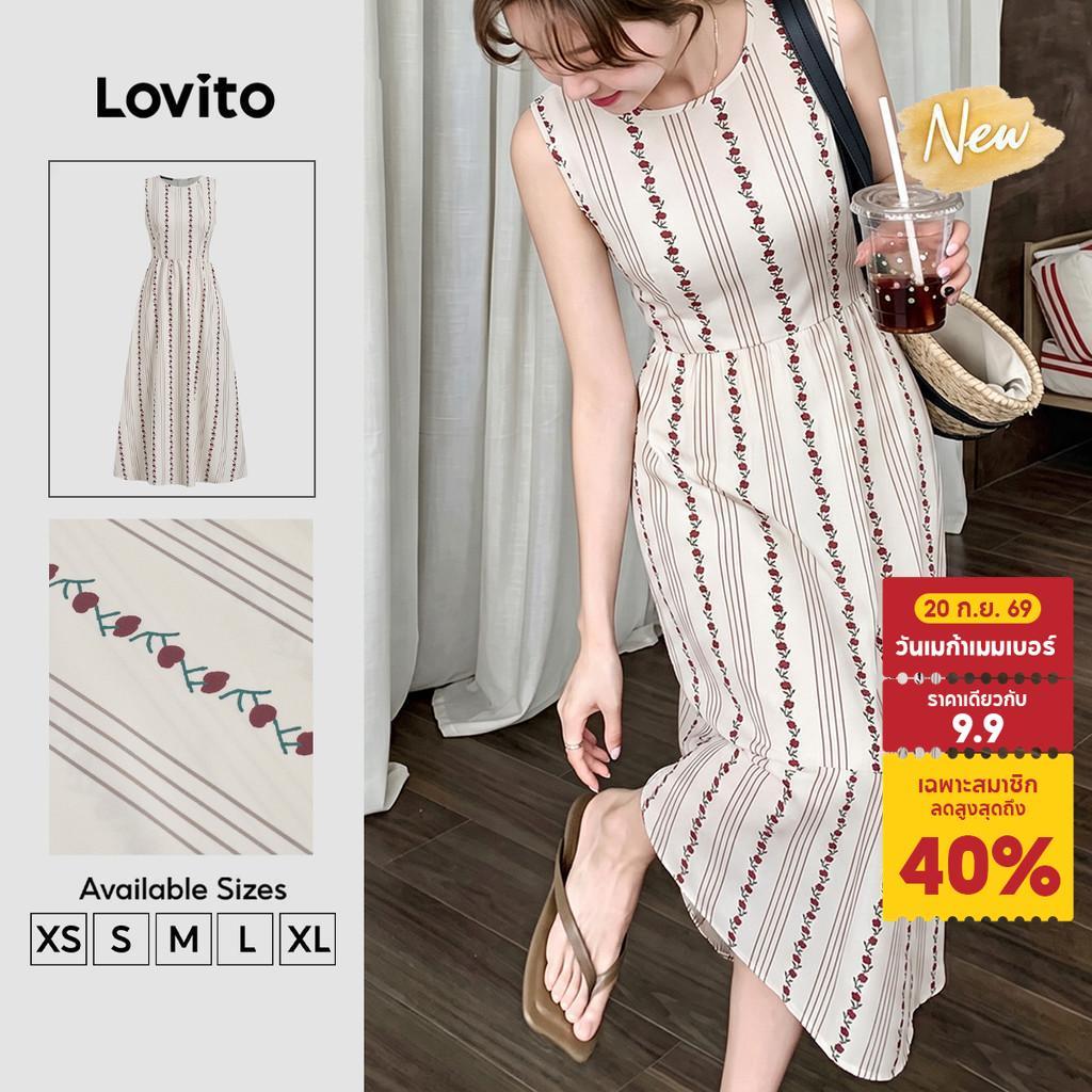 (New Arrival) Lovito ชุดเดรสลําลองสําหรับผู้หญิง สีขาวออฟไวท์ สําหรับฤดูใบไม้ผลิ/ฤดูร้อน เดรสเที่ยวเขา DRB203TD055