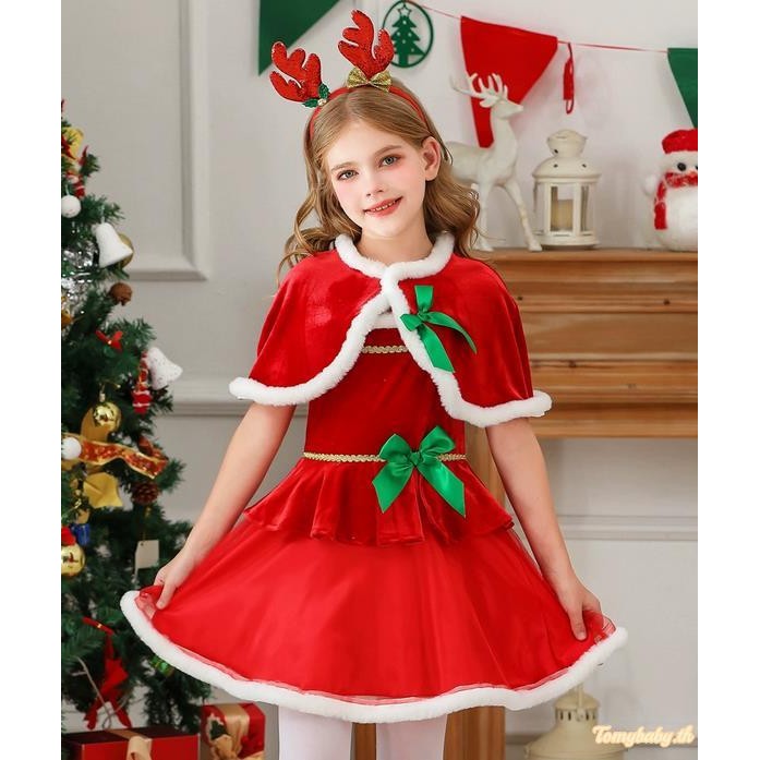 ชุดเครื่องแต่งกายคริสต์มาสสำหรับเด็กผู้หญิงMrs Claus: ชุด cape กับ bow cami 2 ชิ้น สำหรับงานปาร์ตี้แ