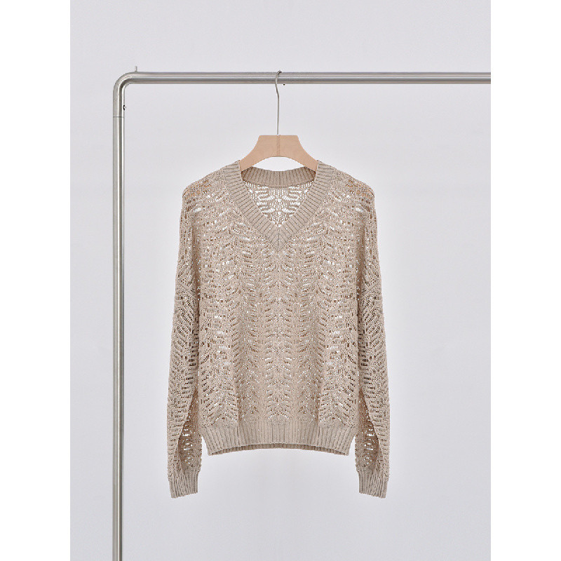 FIZ9 แฟชั่น V คอหรูหราหลวมเสื้อกันหนาวผ้าลินิน BC แขนยาวสไตล์เดียวกันอิตาเลี่ยน Top Hollow 25 Zhang 