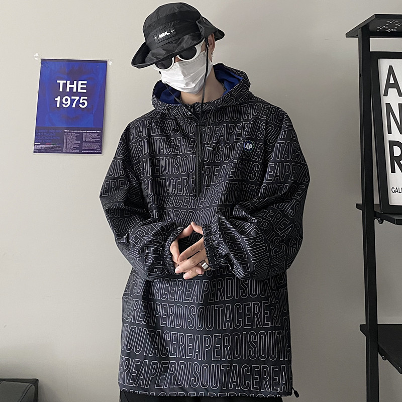 American Street ฤดูใบไม้ร่วงอินเทรนด์ Windbreaker Jacket Hooded Casual หลวมผู้ชายผู้หญิงพิมพ์คอสูงซิ