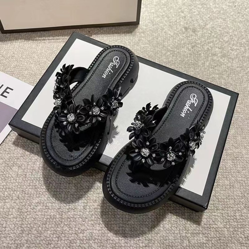 Ljs ฤดูร้อนใหม่ V รองเท้าแตะ-ดอกไม้สีดำ GT 38-39 ✨calibri_19.th✨