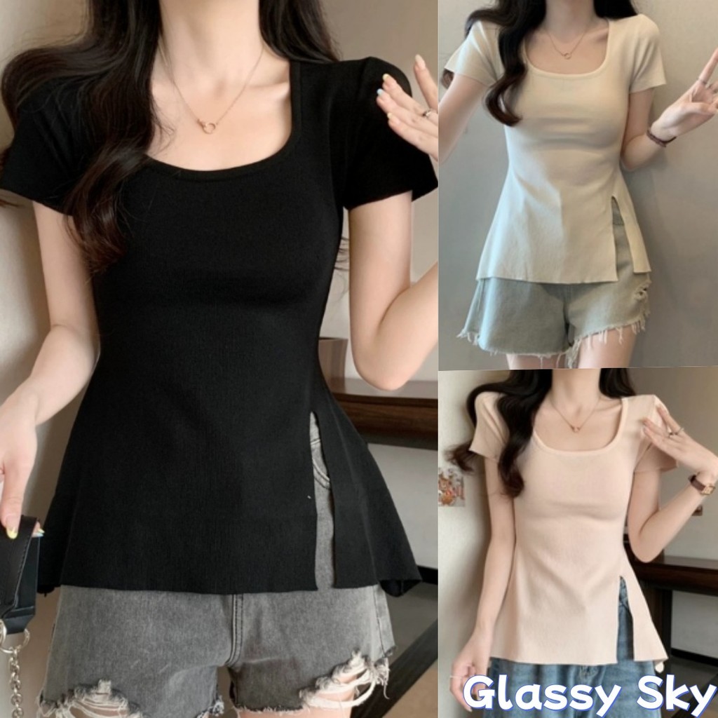 Glassy Sky💖พร้อมส่ง💖ผู้หญิงสีทึบลูกเรือคอสั้นแขนเสื้อยืดขนสัตว์ด้านข้างร่องรายละเอียดพอดีออกแบบ เสื้อยืดผู้หญิง(D113)