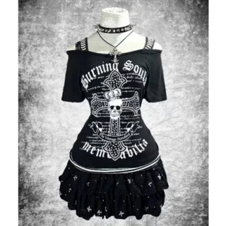 American Womens Letter พิมพ์เอว Cinched เสื้อยืดแขนสั้นฤดูใบไม้ผลิและฤดูร้อน Y2k หนึ่งไหล่ด้านบน