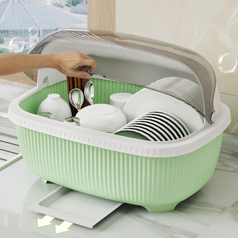 HOGO ชั้นคว่ำจาน ชั้นวางจานหนา ทนทาน แข็งแรง กันฝุ่นละออง กันแมลง ที่คว่ำจานมีฝาปิด ดึงถาดรองด้านหน้า-มีฝาปิด