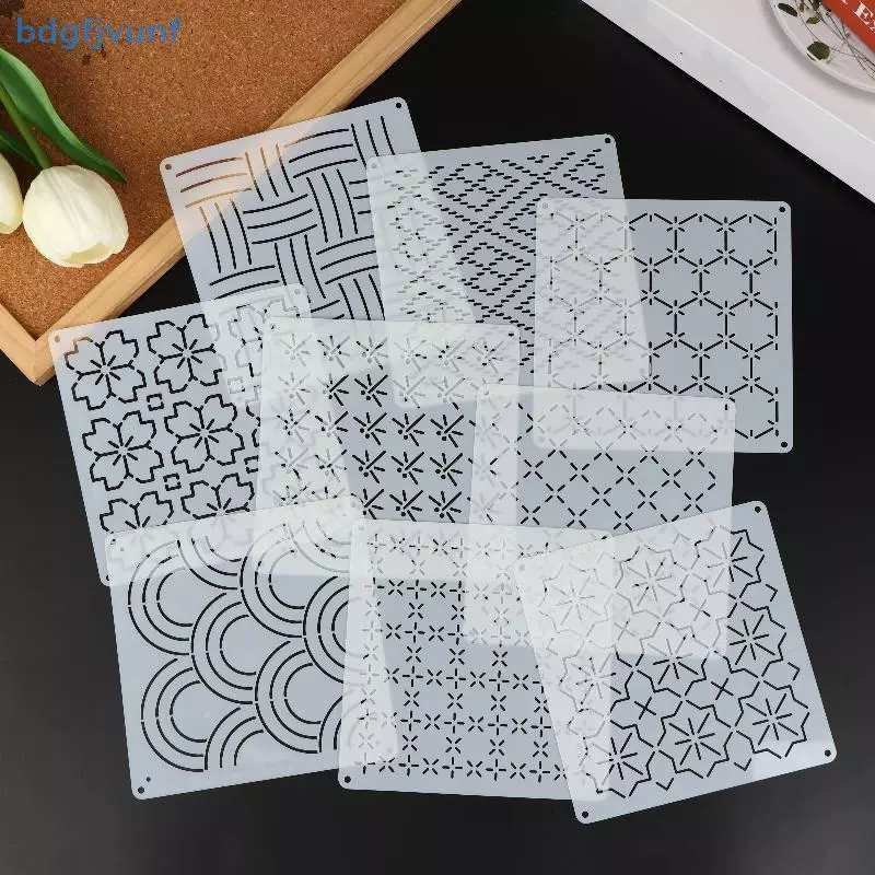 BDGF 9/32Pcs Sashiko เย็บปักถักร้อยแม่แบบ DIY เรขาคณิต Patchwork Stencil Reusable PET Stencil Handmade เย็บปักถักร้อยหัตถกรรมเครื่องมือ TH