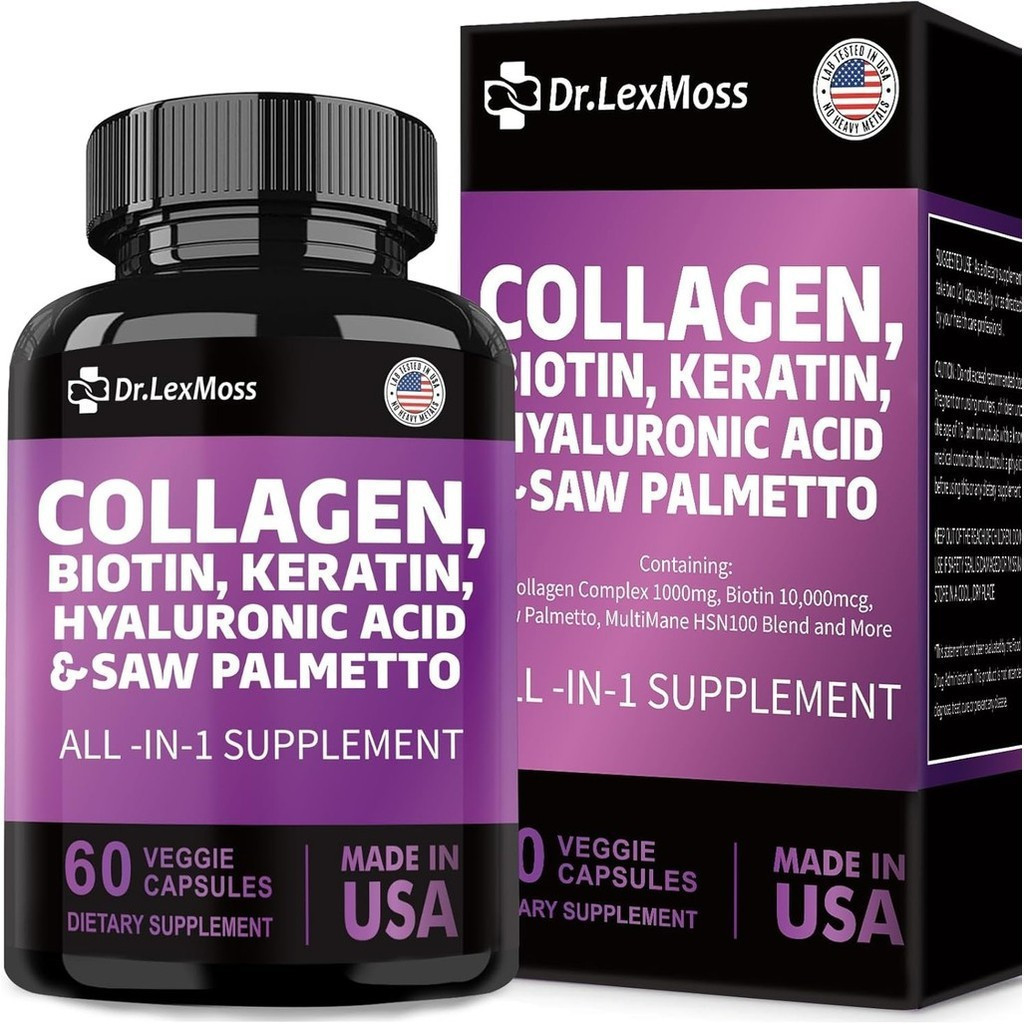 เม็ดคอลลาเจน Biotin Keratin Saw Palmetto Hyaluronic Acid, วิตามินและ DHT, วิตามิน E Folic Acid Pumpk