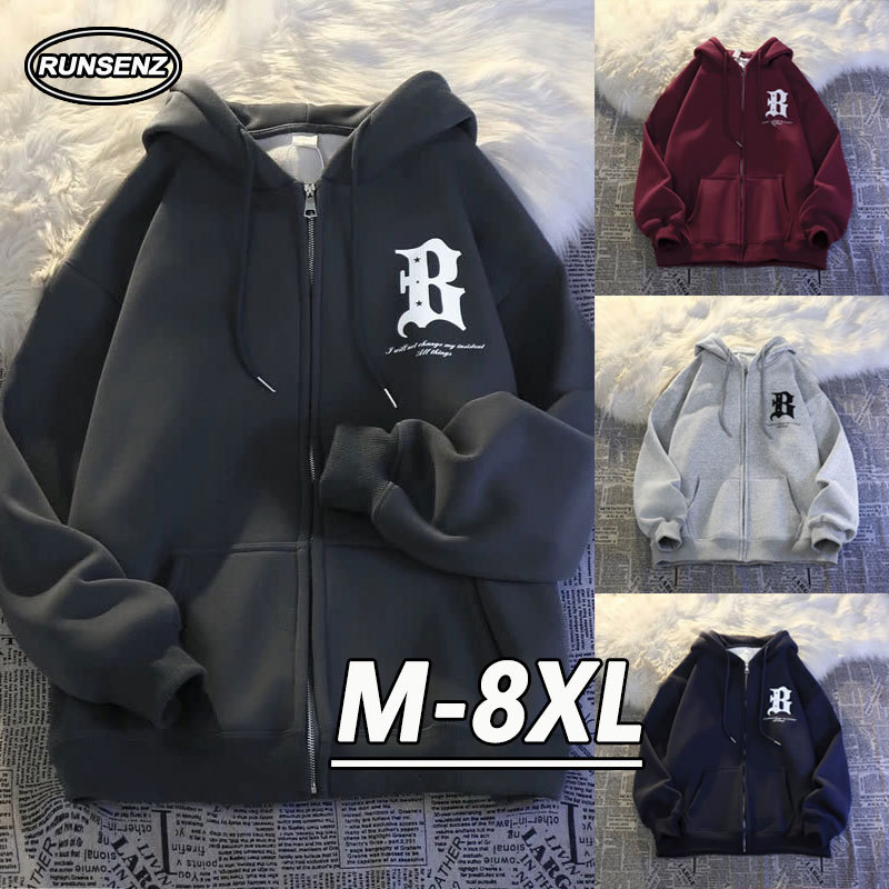 เสื้อกันหนาวแบบเกาหลีสีไวน์แดงสำหรับผู้ชาย ทรงหลวมสวมใส่สบายพร้อมหมวกและแขนยาว