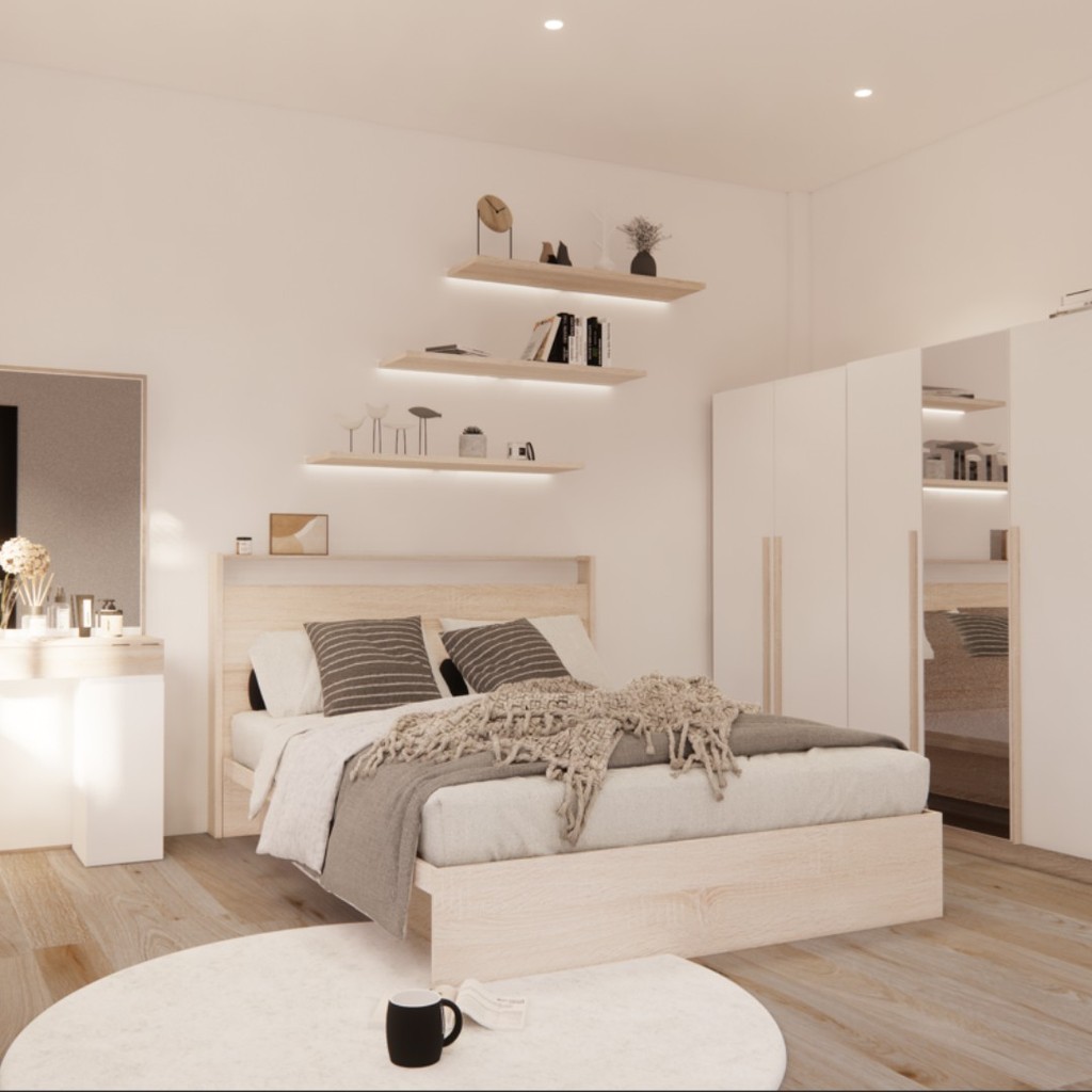 Looms ชุดห้องนอน KYOTO 5 ฟุต + REMUS-H + CONNA + PHILA สีโซลิดโอ๊คตัดสีขาว  แบรนด์ LOOMS