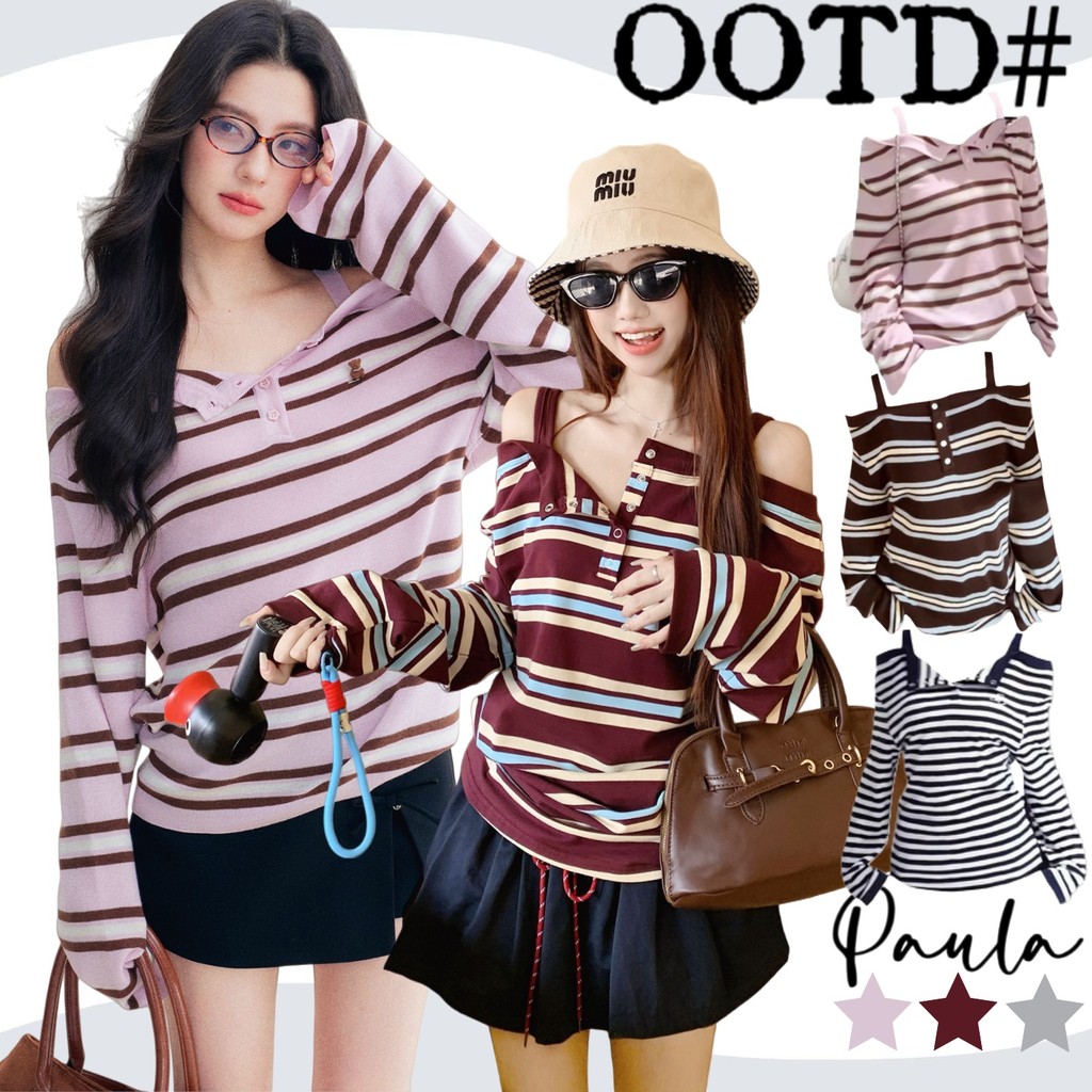 Paula พร้อมส่ง🌴เสื้อยืดแขนยาวเปิดไหล่ลายทาง🌴ดีไซน์เก๋ๆ ทรงหลวม สไตล์ลำลอง ไปคาเฟ่ น่ารักๆ แต่งกระดุมใช้ได้จริง คอวี