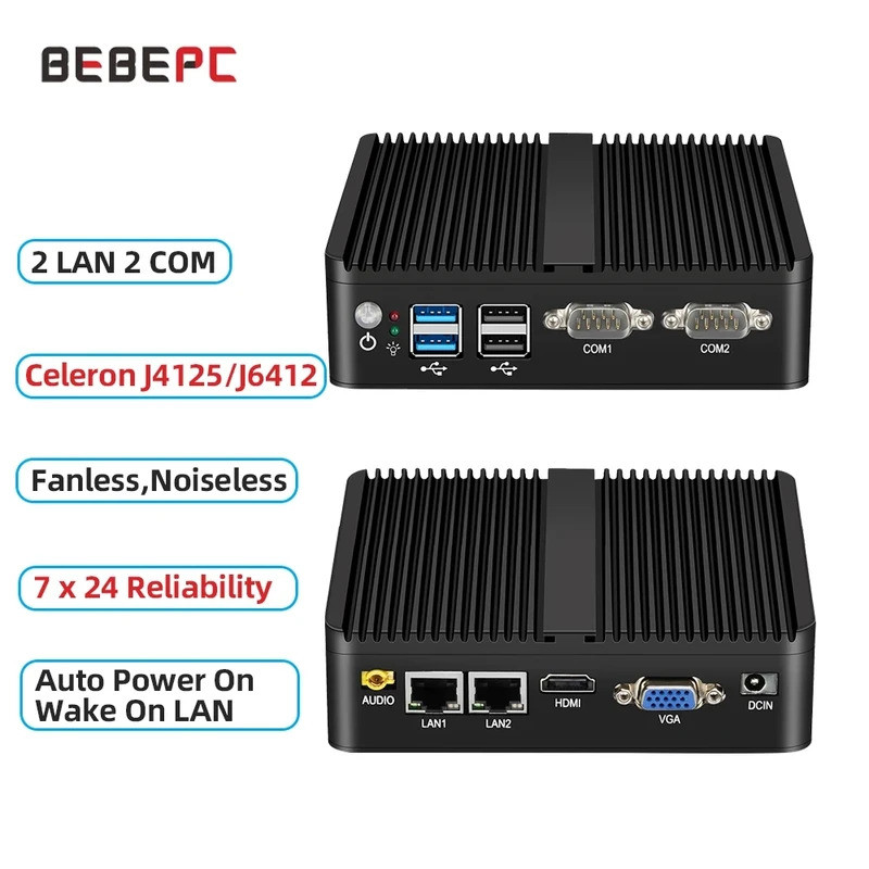 BEBEPC Fanless Industrial Mini j6412 j4125 i5 4200U 5200U Dual LAN RS232 Win10/11 Pro Linux Ubuntu W