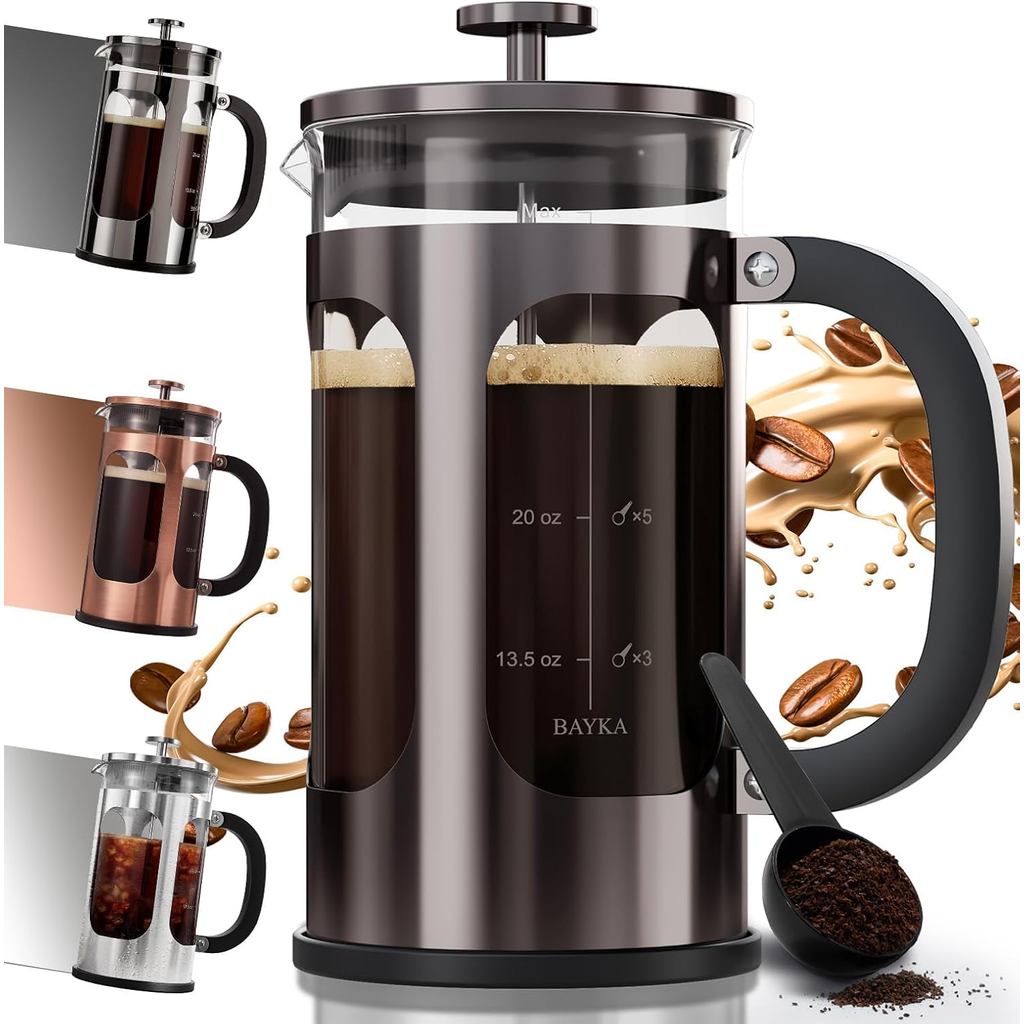 BAYKA French Press เครื่องชงกาแฟ 34 ออนซ์ 1 ลิตร, แก้ว Borosilicate สแตนเลส Brewer, ขนาดใหญ่แบบพกพา 