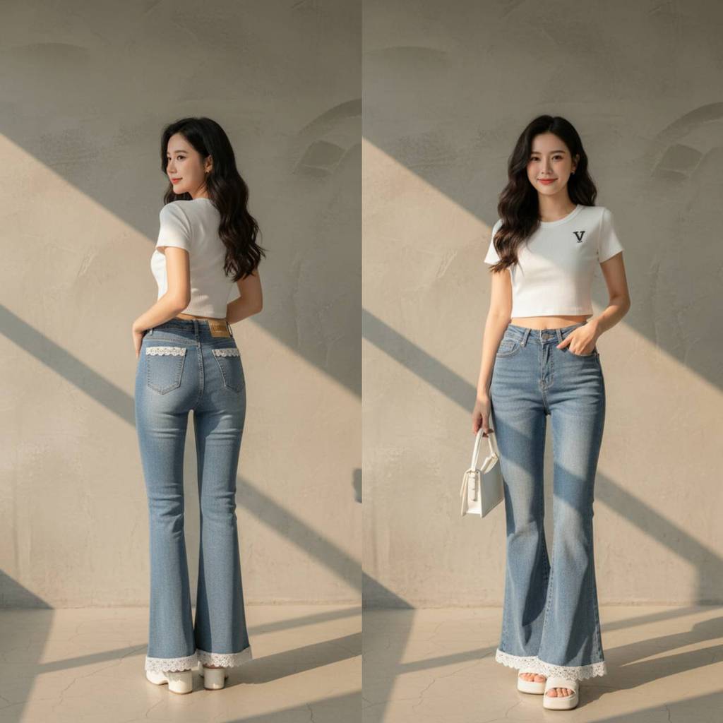 NAMCHA กางเกงยีนส์ขาม้า สียีนส์ ขอบลูกไม้ระบาย 2785