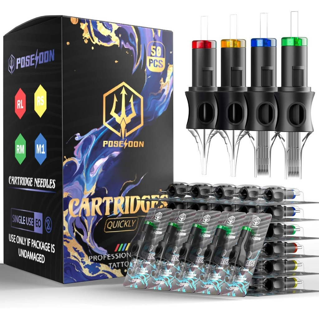 POSEIDON Professional Tattoo Cartridges Needles 50-Pack คละขนาด #12 ซับกลม Shader Magnum, 5RL/7RL/9R