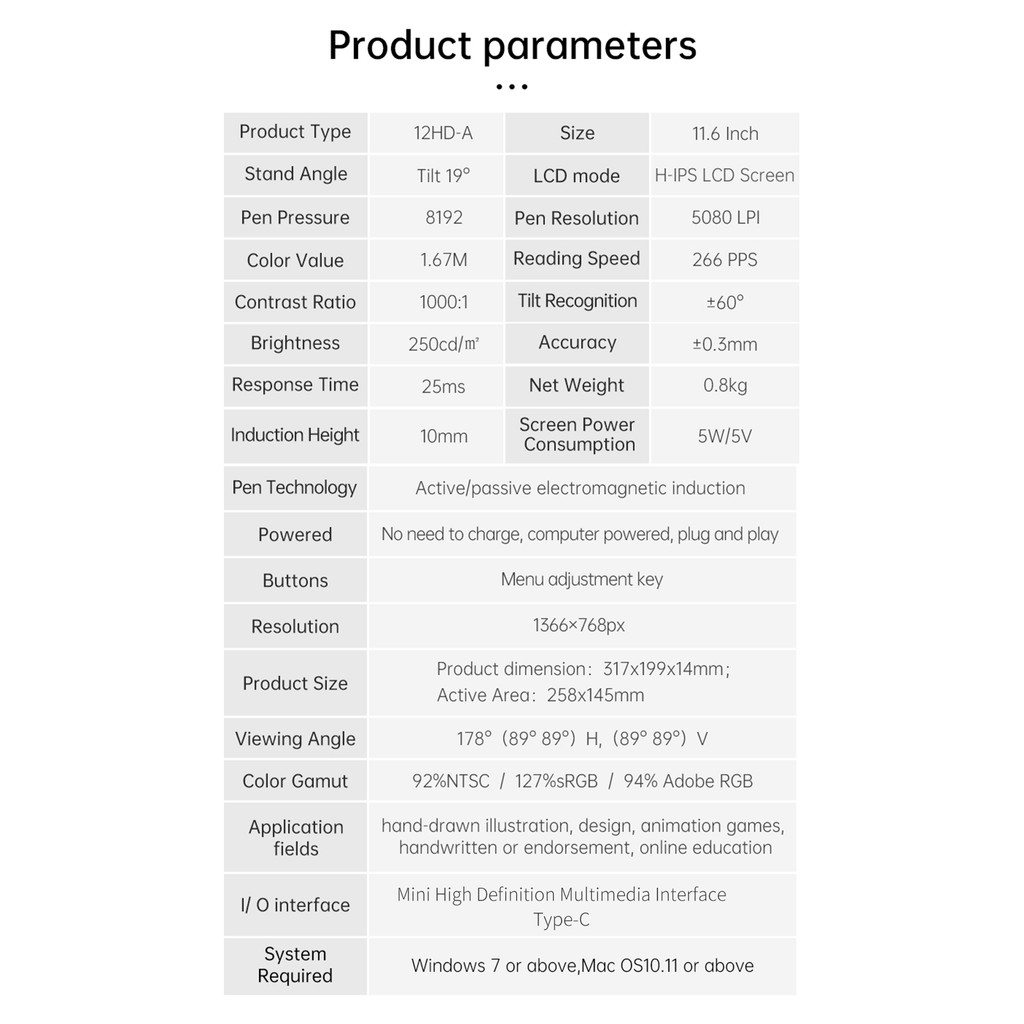 ลูกค้าโปรด Bisofice 12hd-a H-ips Lcd Graphics Drawing Tablet Monitor 11.6 นิ้วขนาด 1366x768 จอแสดงผล