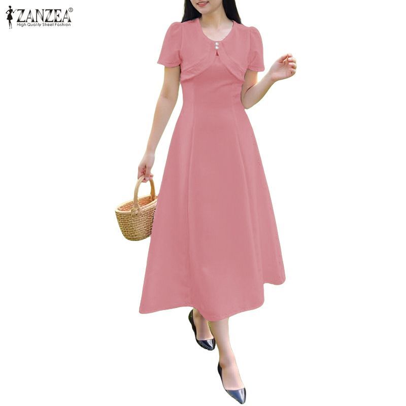 ZANZEA ชุดเดรสแขนสั้นคอกลมสไตล์เกาหลีหรูหรา พร้อมซิปข้าง – โปรปัง