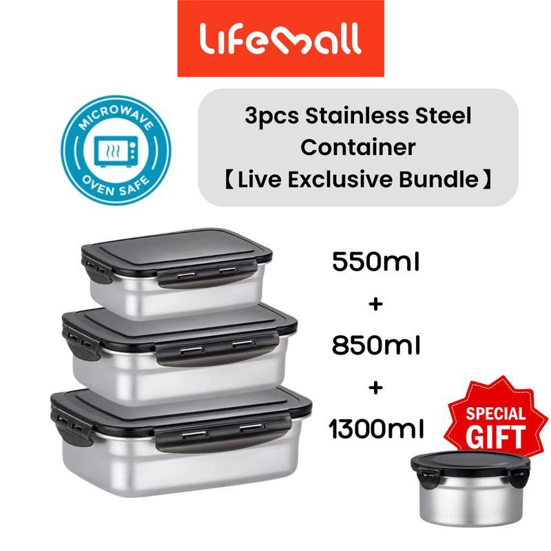 [Live Exclusive] 3 ชิ้น Bundle กล่องอาหารกลางวันภาชนะใส่อาหารสแตนเลสเข้าไมโครเวฟได้ SUS 304