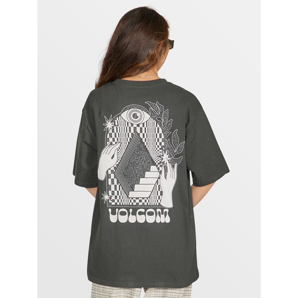 VOLCOM STAIRWAY SST พิมพ์ผู้ชายและผู้หญิงเดียวกัน 200GSM ผ้าฝ้ายคุณภาพสูงลูกเรือคอ casual High stree
