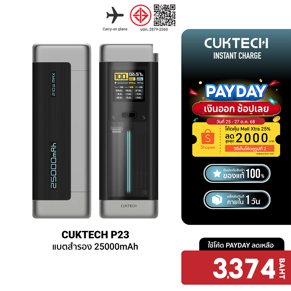 [ลดเหลือ 3374] CUKTECH P23 Powerbank แบตสำรอง 25000mAh CCC / CE จ่ายไฟรวมกันสูงถึง 210W พอร์ตเดียวแร