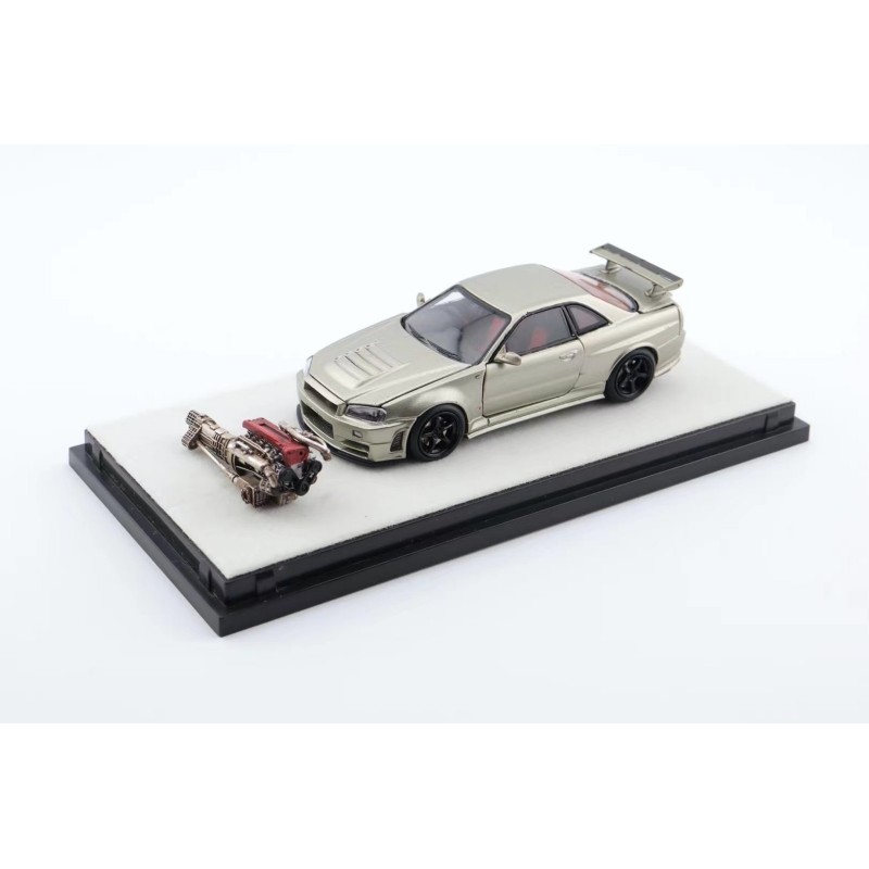 PGM ONE MODEL 1: 64 GTR R34 Z Tune โมเดลรถโลหะผสมสีเขียวมรกตสามารถเปิดประตูได้