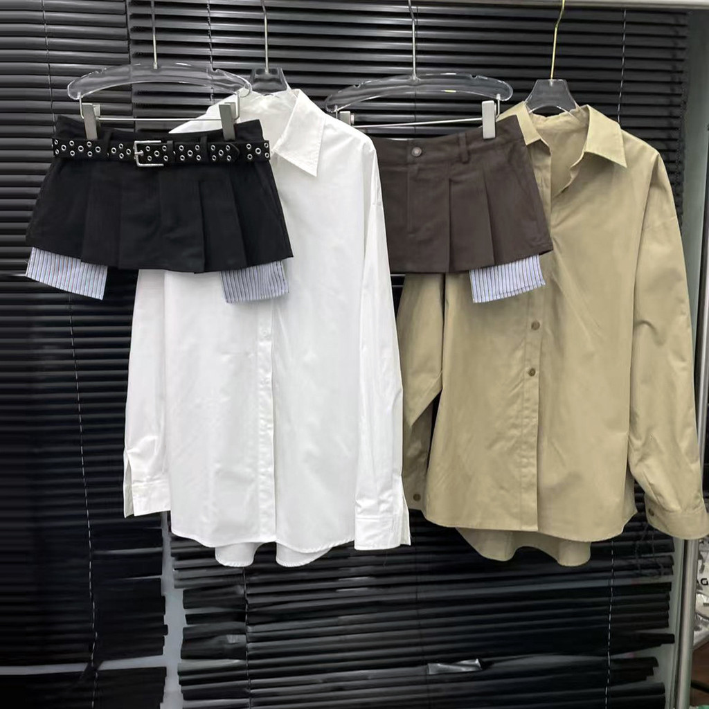 8Y53 2025Early Autumn New Y2K Shirt+Pleated Skirt Style Waist Cincher Korean Style Loose Fit Set