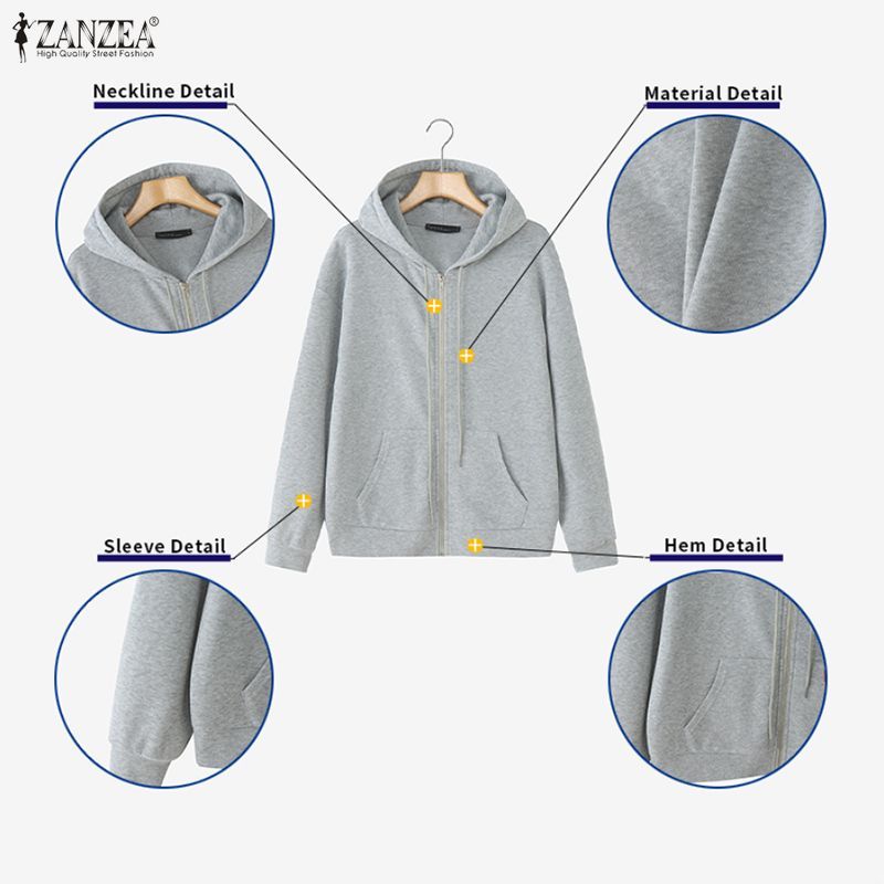 ZANZEA เสื้อฮู้ดผู้หญิง แบบซิป-up ลายเกาหลีแขนยาว สวมใส่สบาย ๆ ในทุกวัน — صورة 7