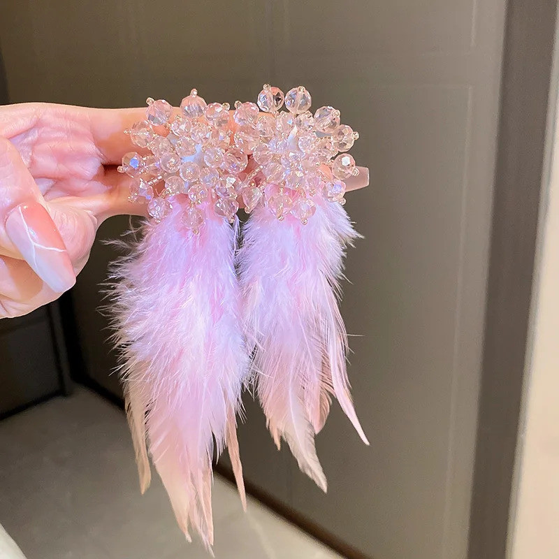 New Bohemian Jewelry Pink Crystal Flower Feather Tassel Long Earrings For Women Trendy Bijoux Statem