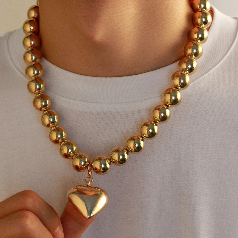 Ingemark Exaggerated Big Love Heart Pendant Choker Necklace for Men 2024 Trendy Goth CCB Ball Beads 
