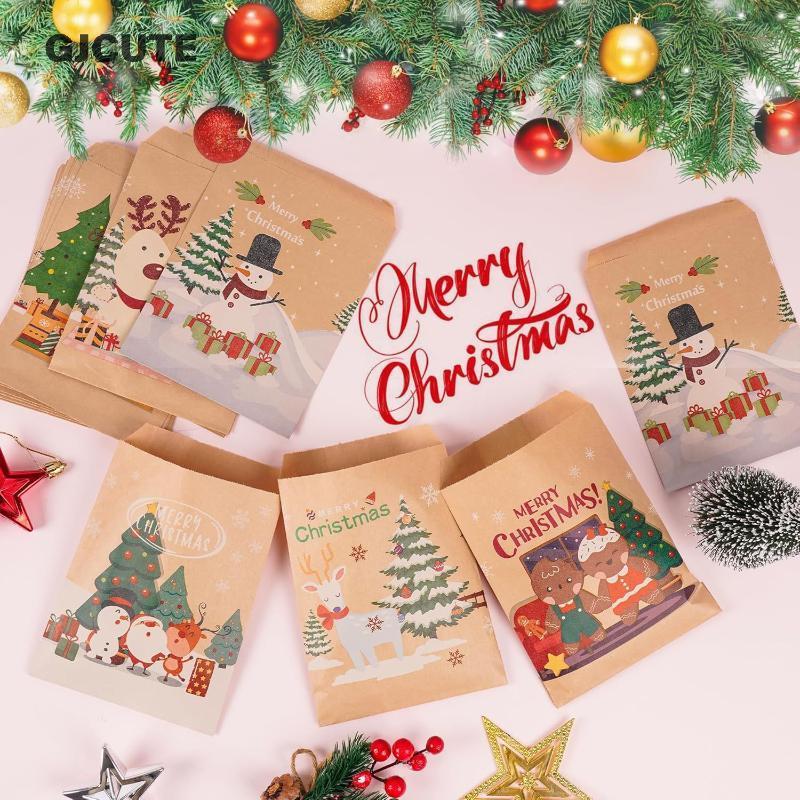 GJCUTE 20pcs Merry Christmas ของขวัญกระเป๋า Santa Claus กระดาษคราฟท์ Candy คุกกี้กระเป๋า Xmas Party 