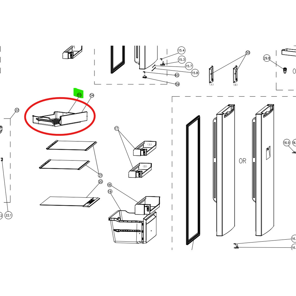 ถาดใต้ช่องฟรีส และ ชั้นวางข้างประตู ตู้เย็น HAIER รหัส 0530061198 และ 0530061154 ของแท้ ใหม่ มือ 1
