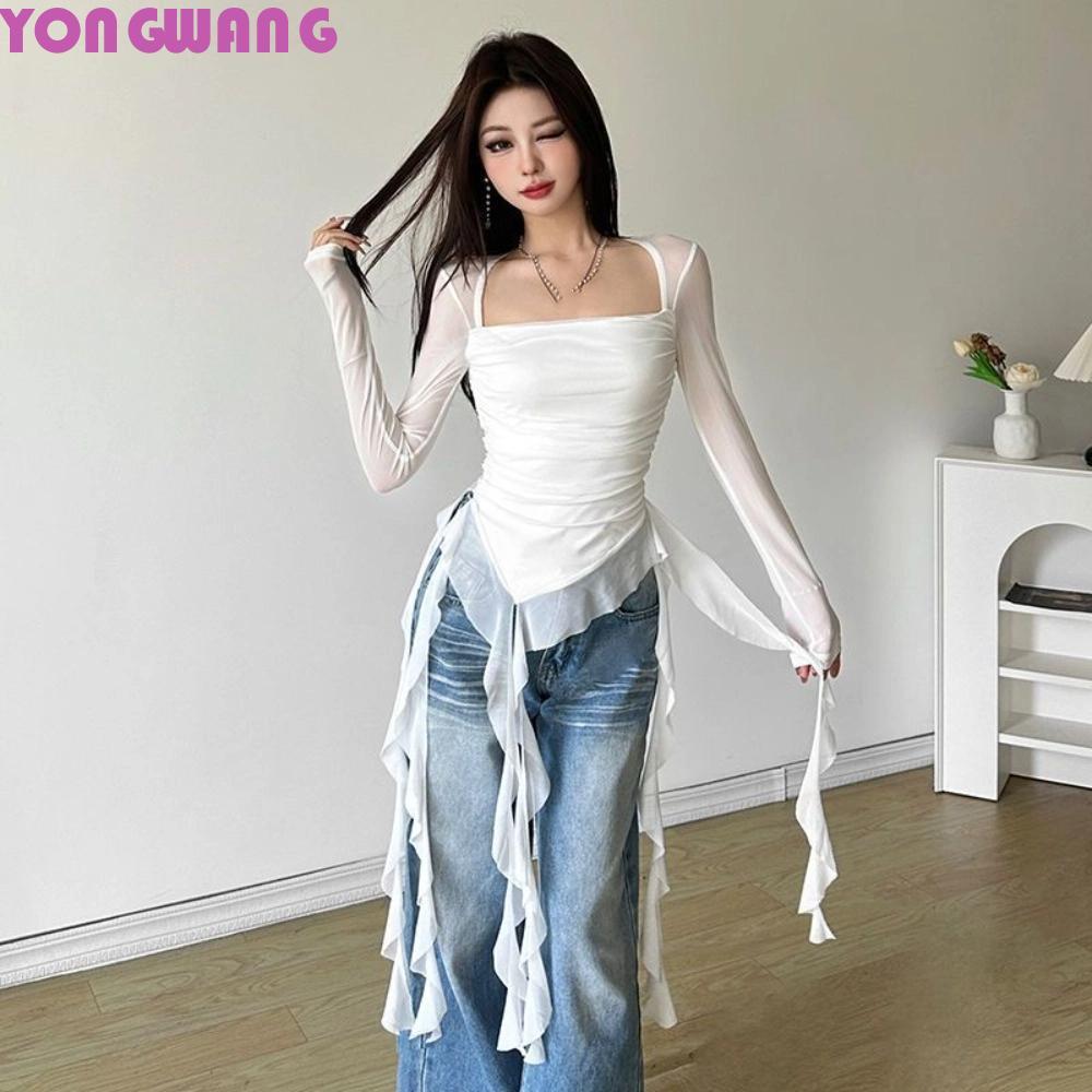 YONGWANG66HRแมงกะพรุนตาข่ายเข็มขัดเสื้อยืด,StreetwearเกาหลีY2K Ins Slim Fit Crop Tops, Elfแขนยาวจีบค