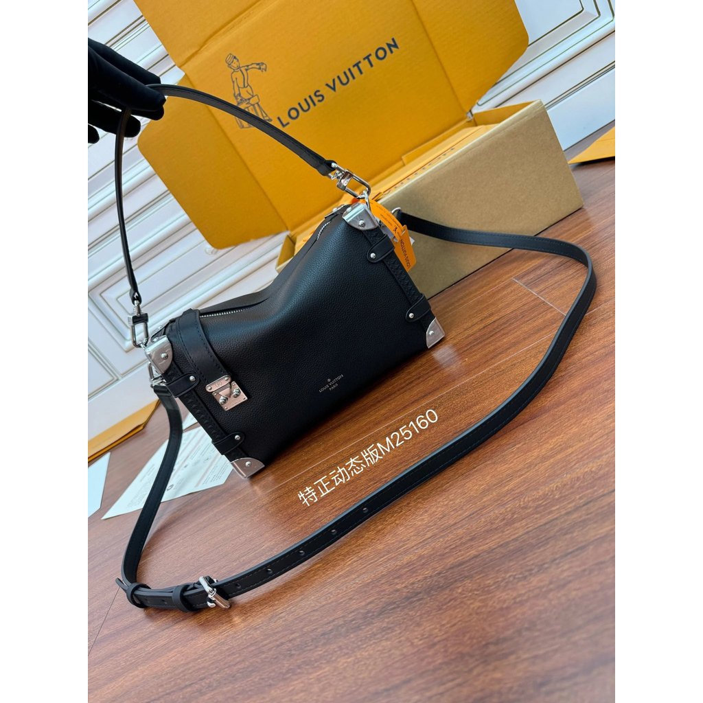 Lv Side Trunk Medium Cowhide Box Bag All-Steel Hardware Soft Box Bag Men Women Same Style Shoulder S