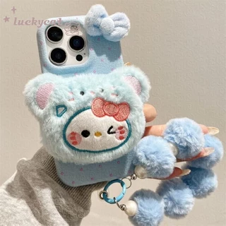 ใช้งานร่วมกับ iPhone 16 15 14 13 12 11 Pro Max X Xr Xs Max 7 8 Plus SE2020 เคสโทรศัพท์การ์ตูน 3D DIY น่ารักสวมใส่สีสันแถบคาดศีรษะตุ๊กตาแมว + Lanyard หนังนุ่มปกหลัง